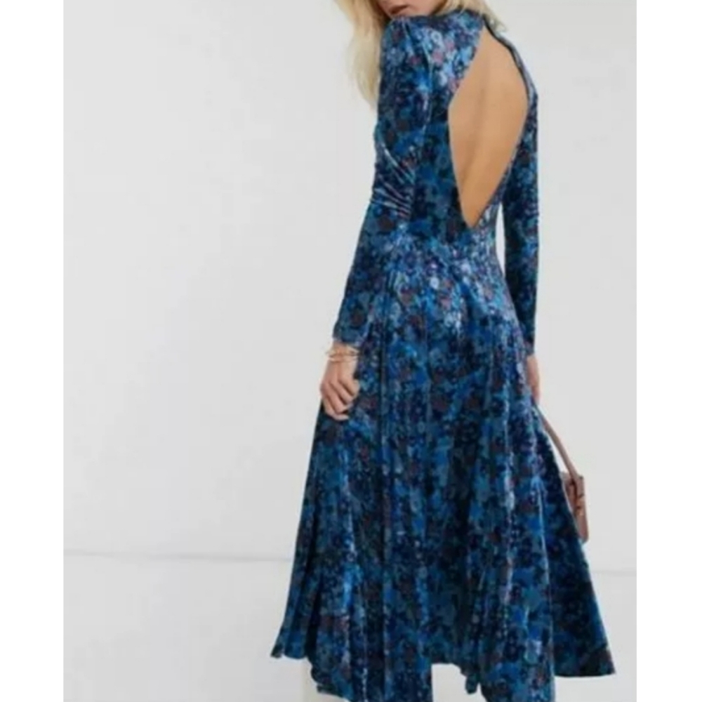 FREE PEOPLE Heartland Stretch Velvet Floral Blue Maxy Dress Size M